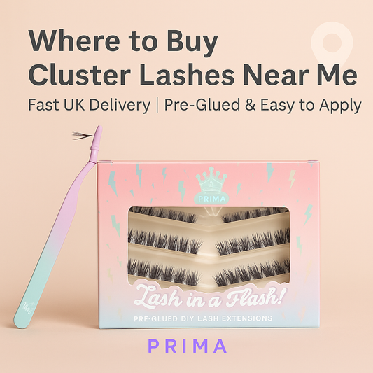 PrimaLash Lash in a Flash pre-glued DIY cluster lashes with pastel tweezers on soft nude background, featuring text overlay: Where to Buy Cluster Lashes Near Me – Fast UK Delivery