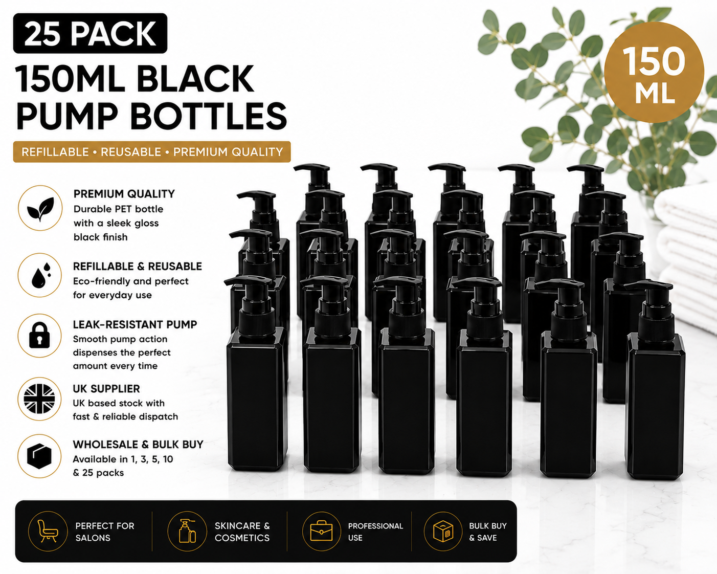 25 pack 150ml black refillable pump bottles for wholesale cosmetic packaging and salon supplies UK