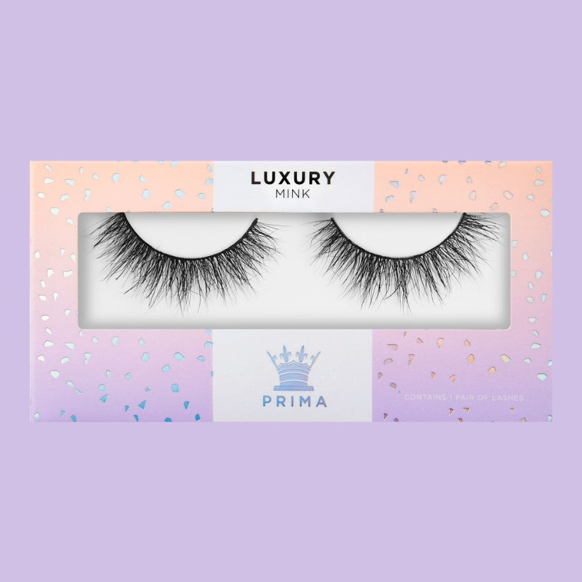 Close-up of PrimaLash #Shook luxury mink lashes – wispy, layered strip lash with soft volume, styled to resemble classic lash extensions.