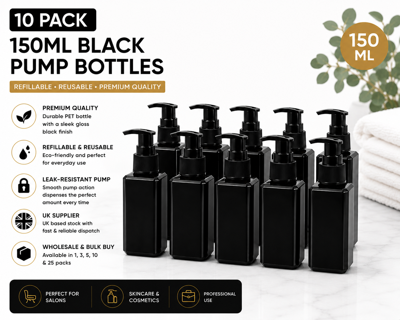10 pack luxury black cosmetic pump bottles bulk buy UK supplier
