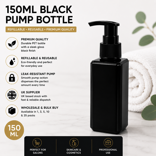 150ml black refillable pump bottle for skincare salon and wholesale cosmetic packaging UK