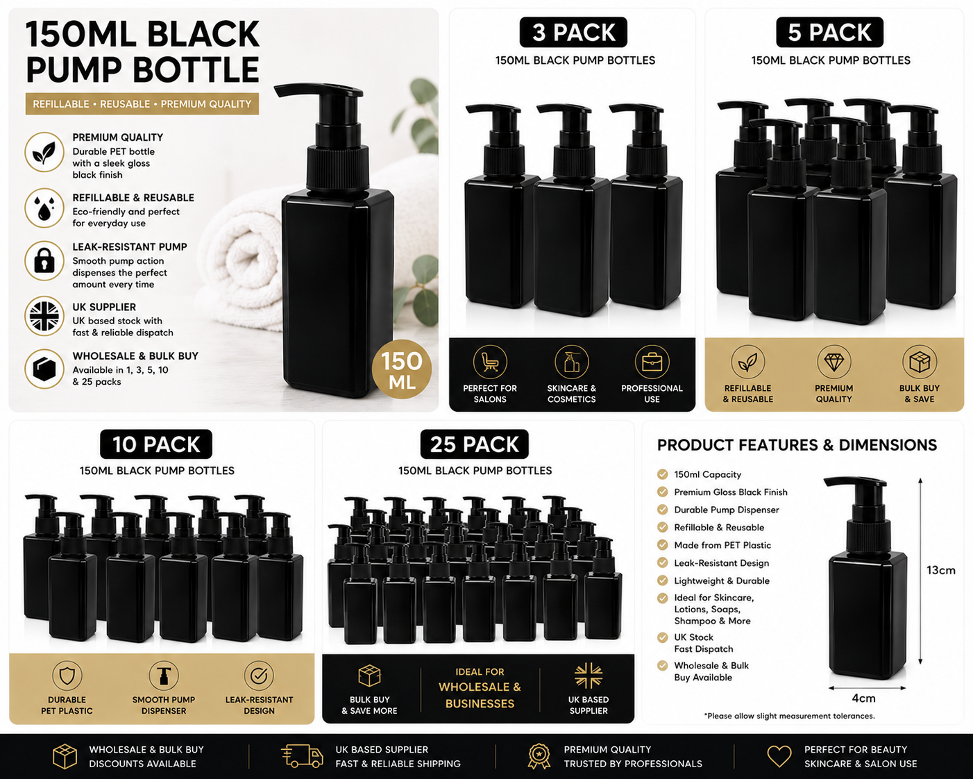 150ml black refillable cosmetic pump bottle with gloss black dispenser