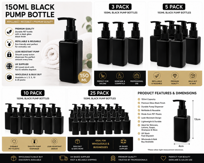 150ml black refillable cosmetic pump bottle with gloss black dispenser