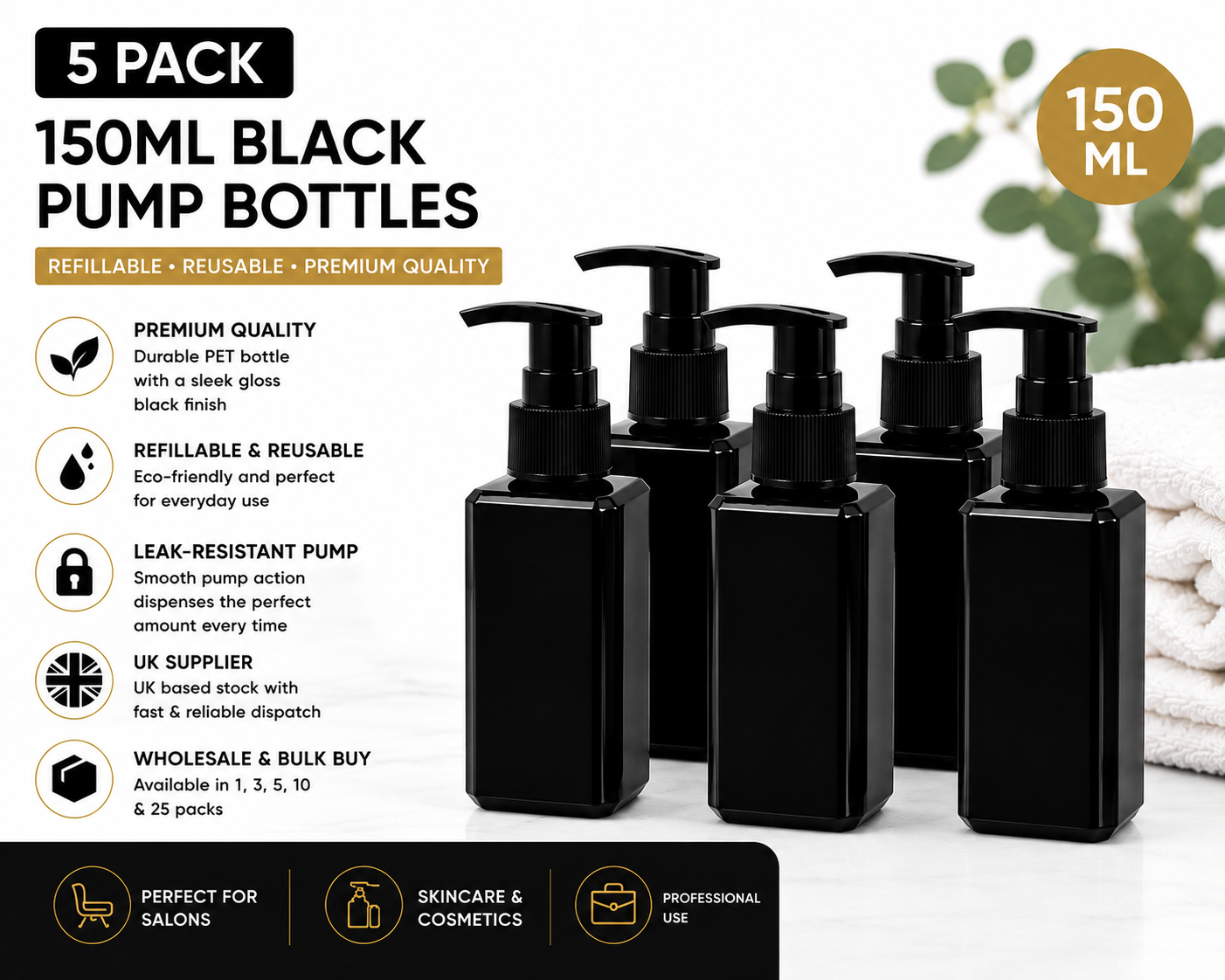 5 pack 150ml black refillable pump bottles for skincare salon and wholesale cosmetic packaging UK