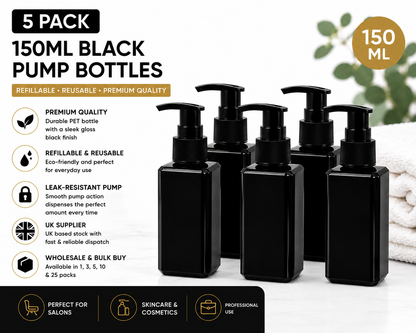 5 pack 150ml black refillable pump bottles for skincare salon and wholesale cosmetic packaging UK