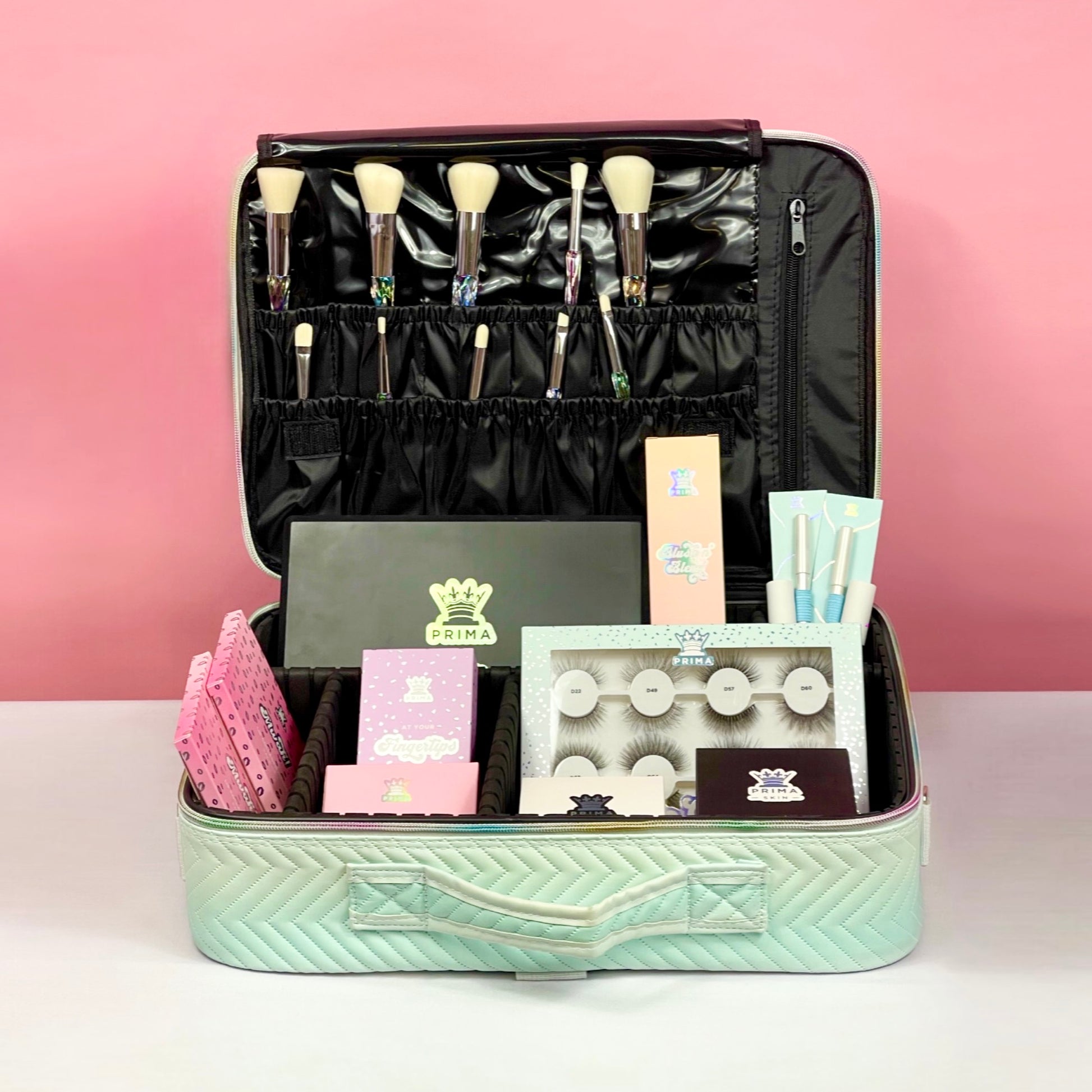 make up case stocked with lashes and makeup